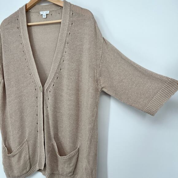 J. Jill Love 100% Linen Cardigan Medium Petite Beige One Button Knit Sweater Tan - Picture 2 of 12